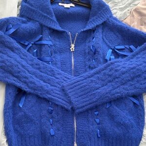 Lisa Says Gah Royal Blue Cardigan with Ribbon Accents